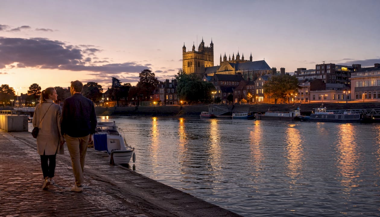Sunset view of Exeter city skyline by River Exe