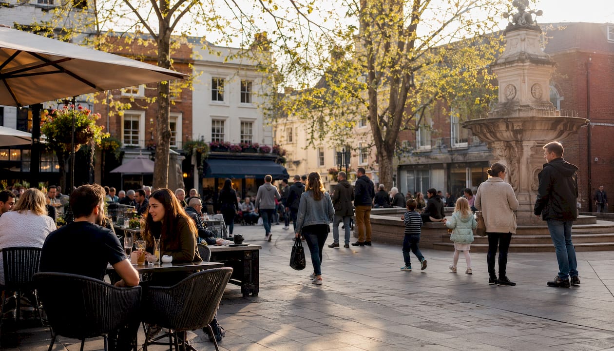 Busy Exeter pedestrian street with shops and people