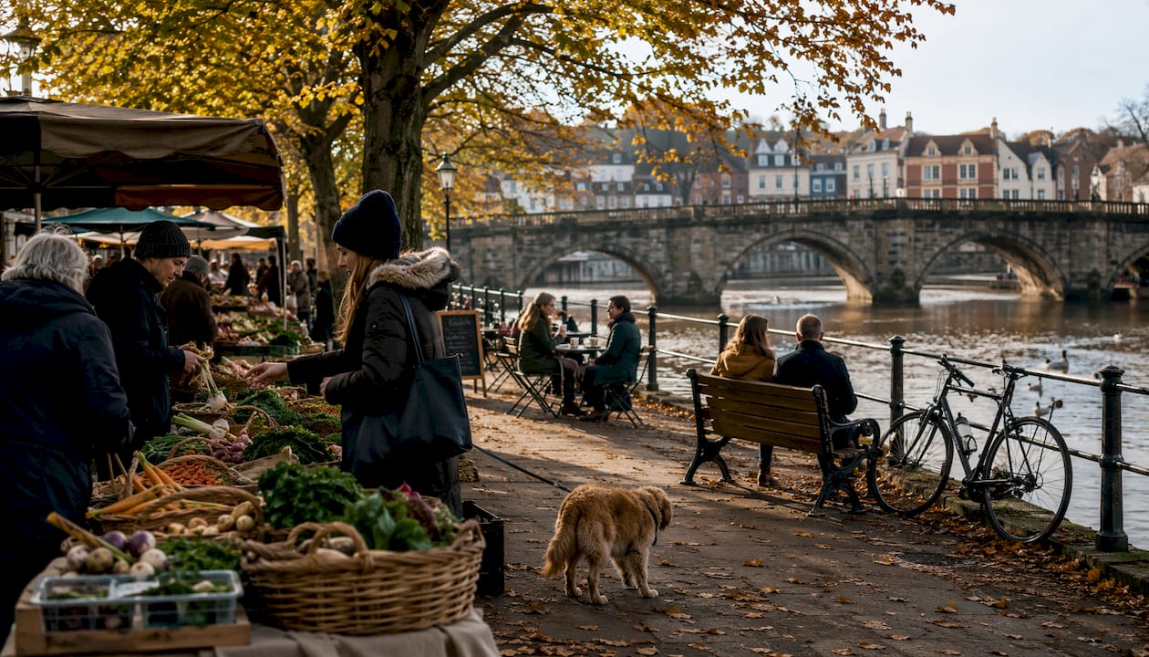 Barnstaple Long Bridge with riverside market scene