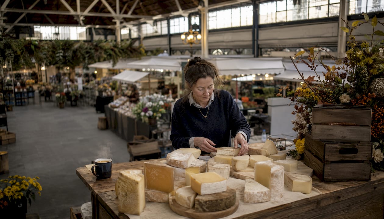 Vendor arranging cheeses in Barnstaple Pannier Market