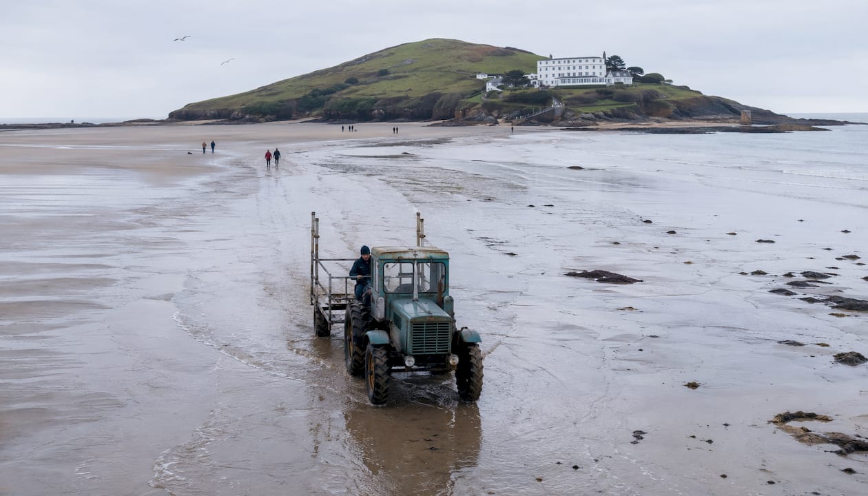 Sea tractor crossing to Burgh Island at high tide