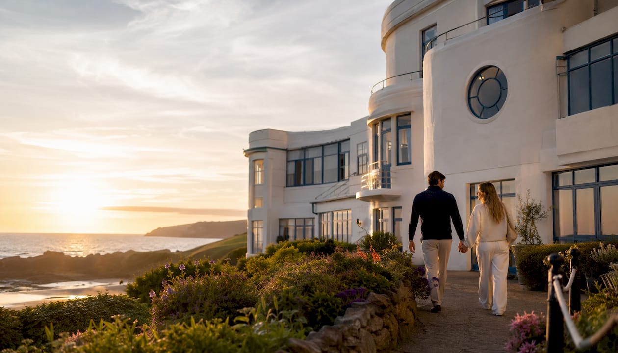 Burgh Island Hotel exterior in warm sunlight