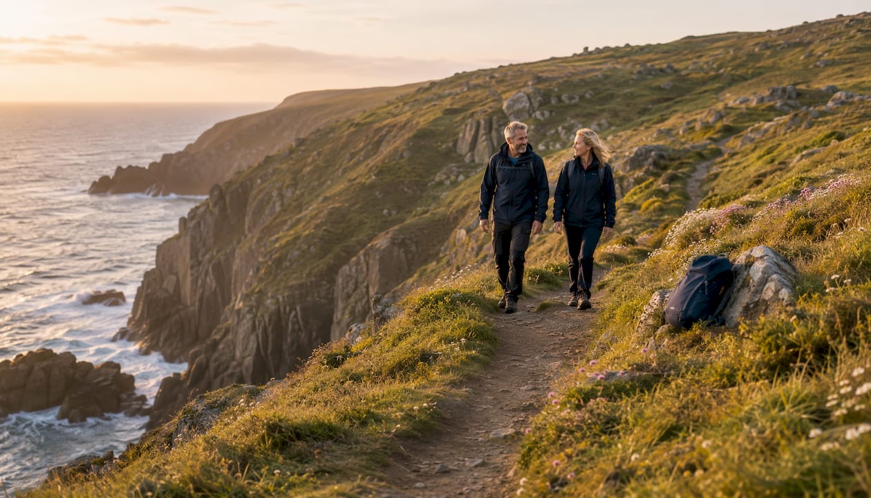 Couple hiking coastal path on Lundy Island