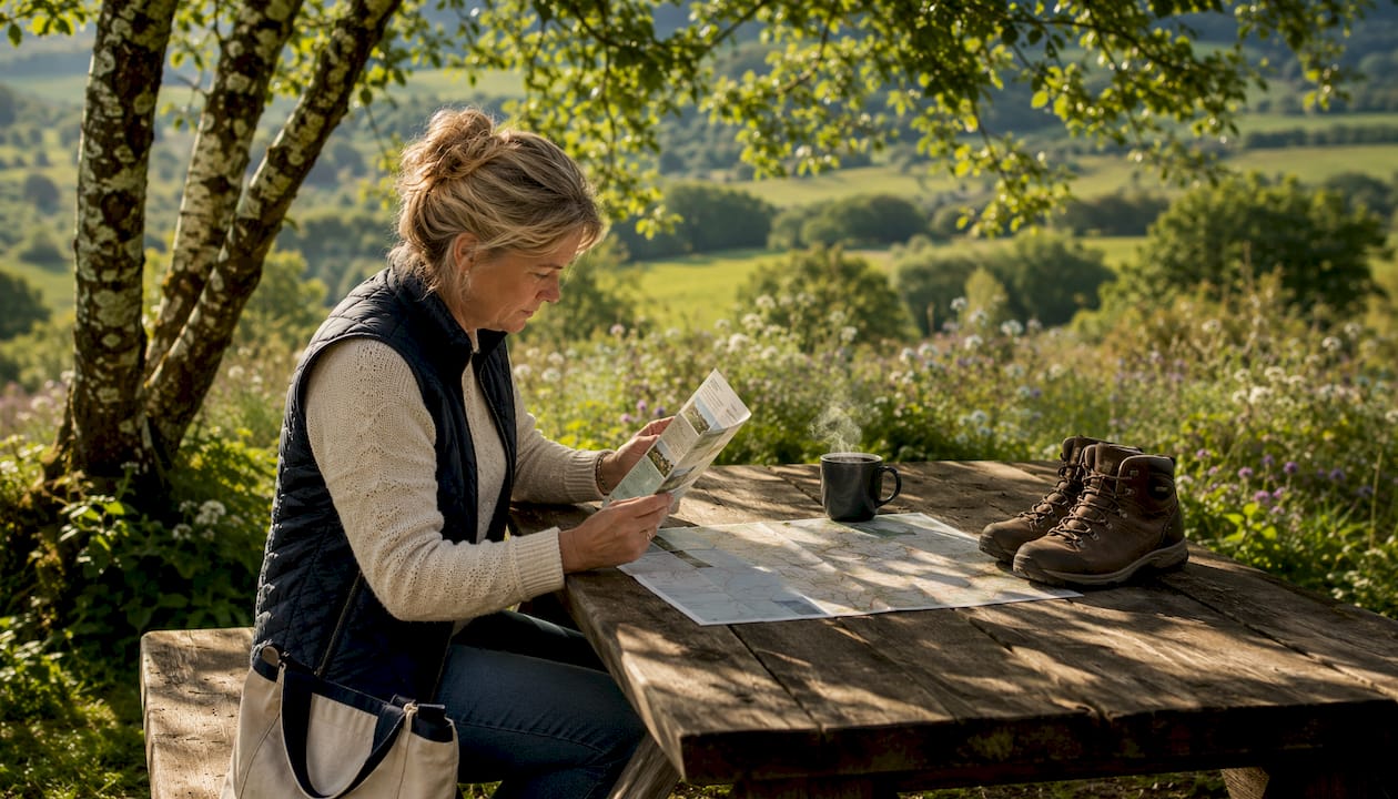 Person reviewing Devon activity providers at outdoor table