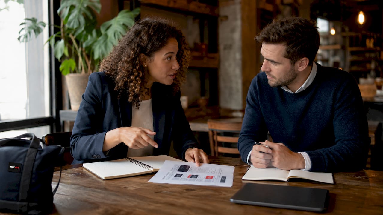Two colleagues discussing payment compliance types