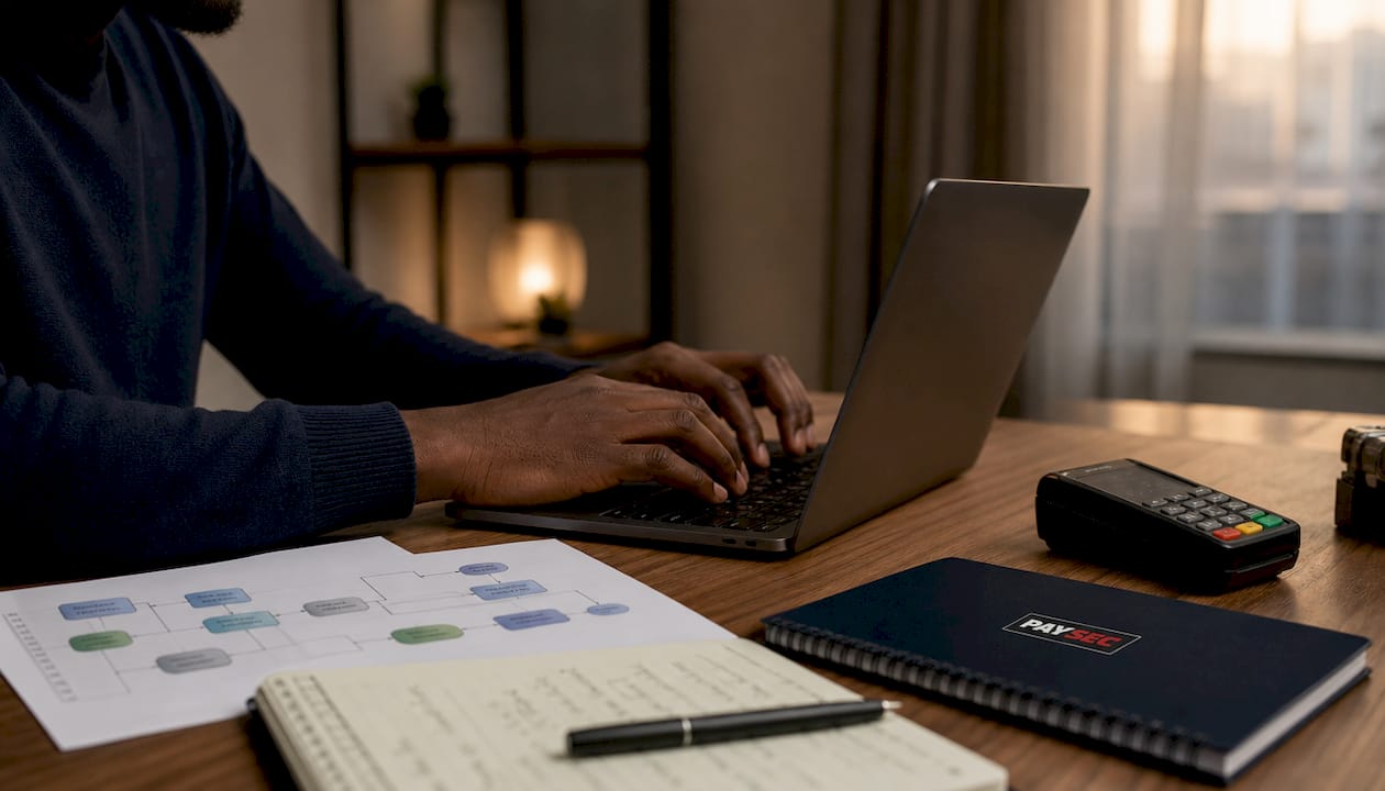 IT specialist typing on laptop at coworking desk