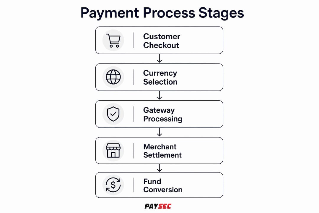 Infographic illustrating multi-currency payment process stages