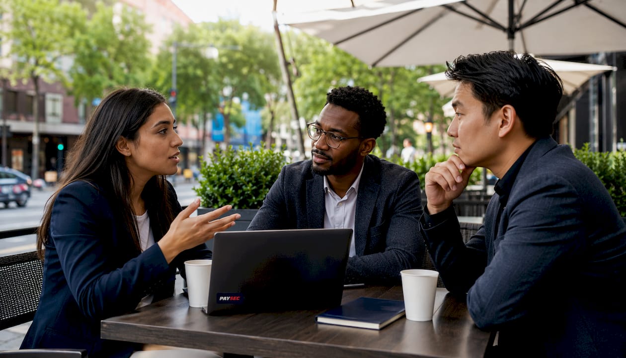 Group discussing merchant fee negotiations in meeting room