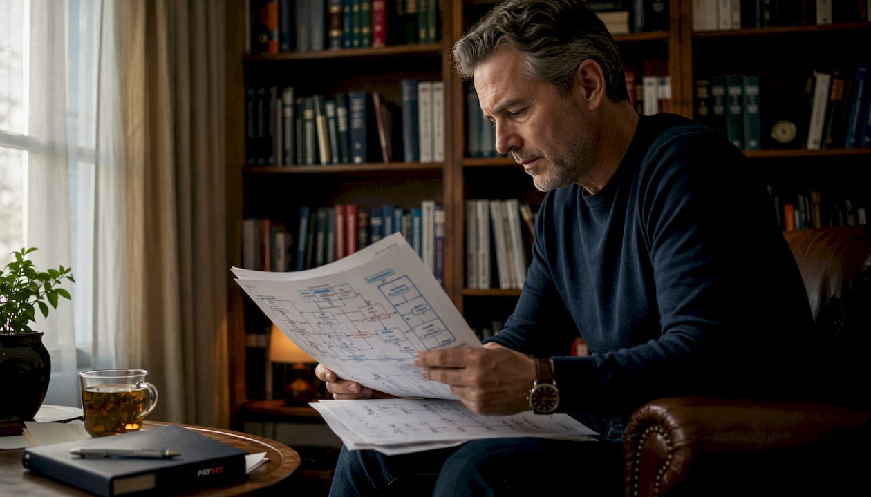 Man reviewing payment infrastructure diagrams in home office