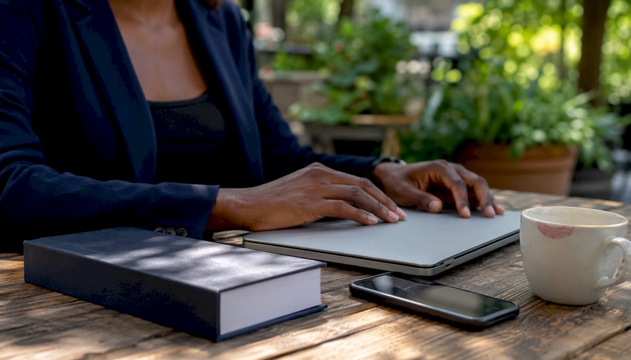 Hands typing with payment service provider book and coffee