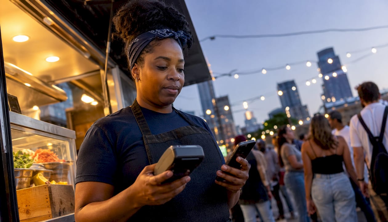 Food truck vendor using mobile payment device