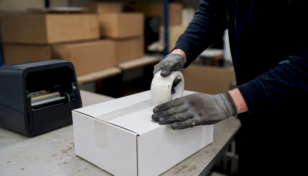 Hands sealing a return shipment box
