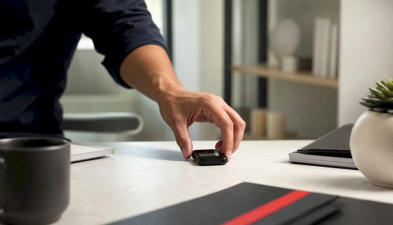 Hands placing hardware token device on desk