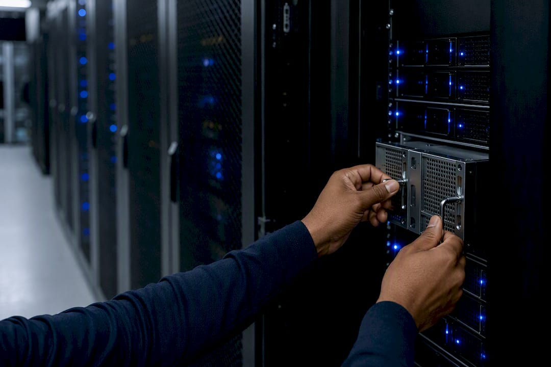 Hands adjusting encryption key hardware in server rack