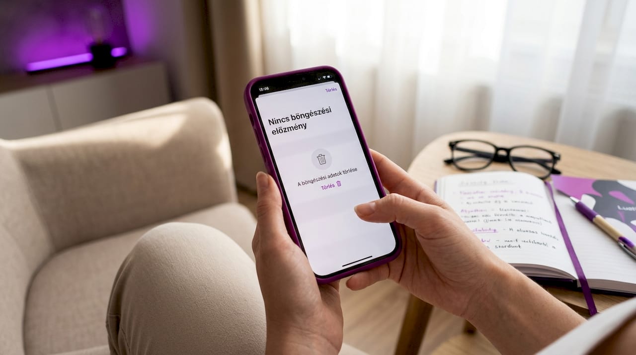 Valaki a nappaliban ülve a telefonján böngészi, hogy miket nézett meg korábban az interneten.