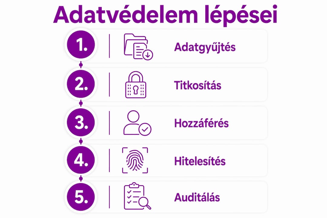 Adatvédelem lépéseit bemutató szemléletes infografika