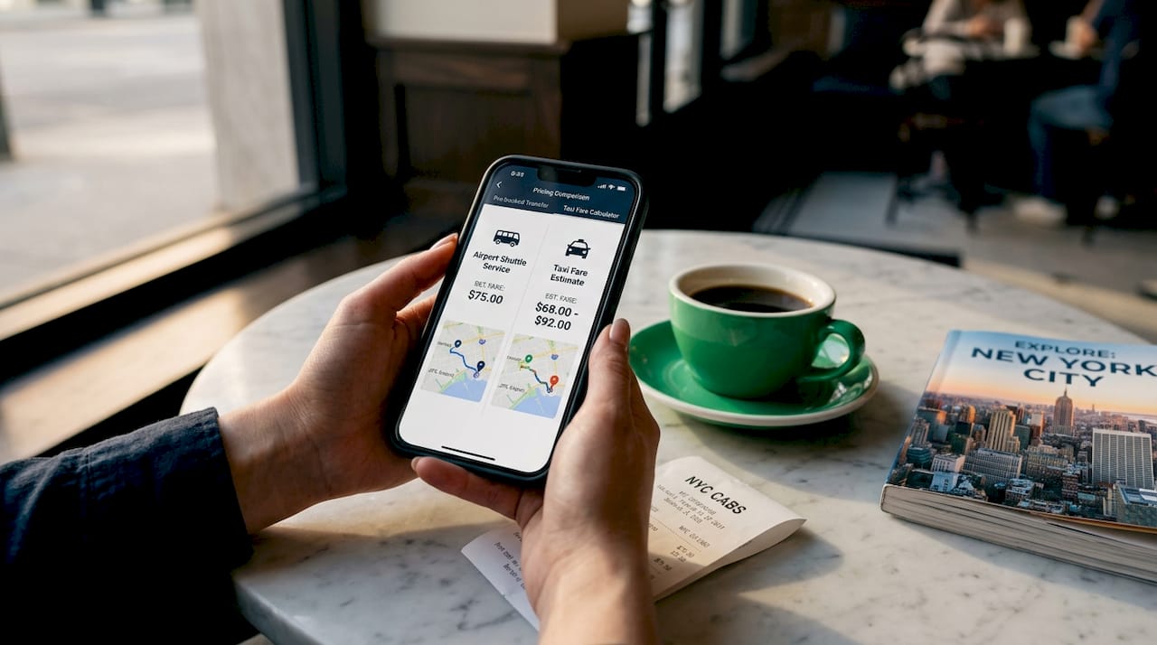 Traveler comparing transfer and taxi prices on phone