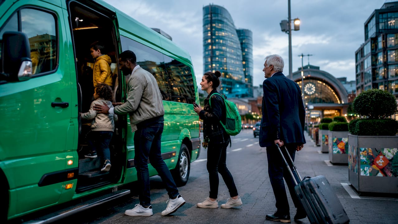 Passengers boarding shared shuttle at city center curb