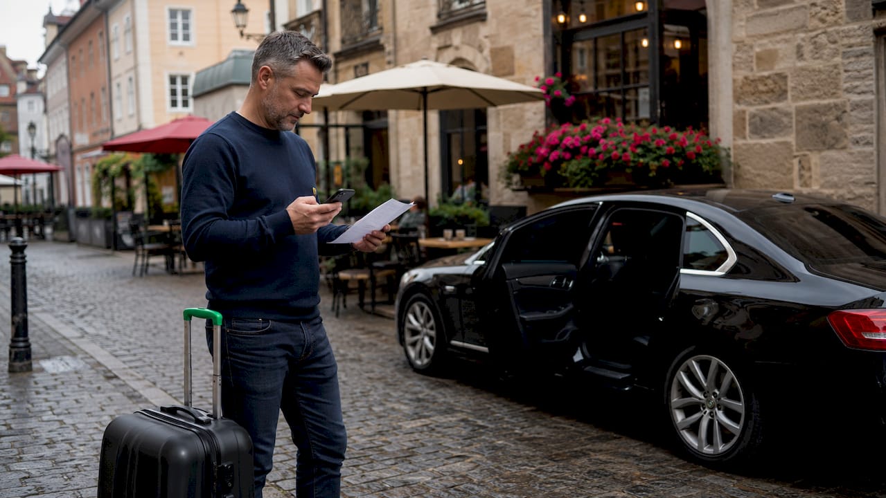 Traveler checking smartphone outside city center hotel