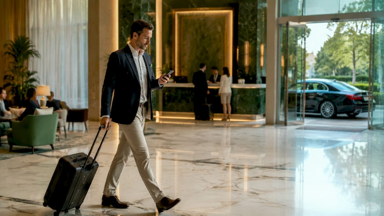 Traveler approaching luxury sedan at airport curbside
