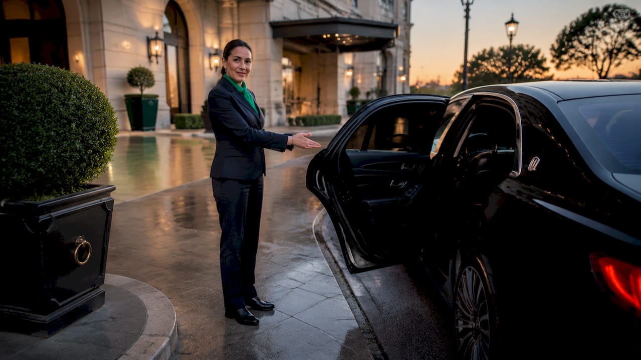 Chauffeur opening door of executive sedan at hotel