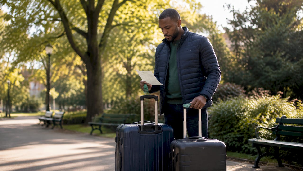 Man checking luggage and booking confirmation