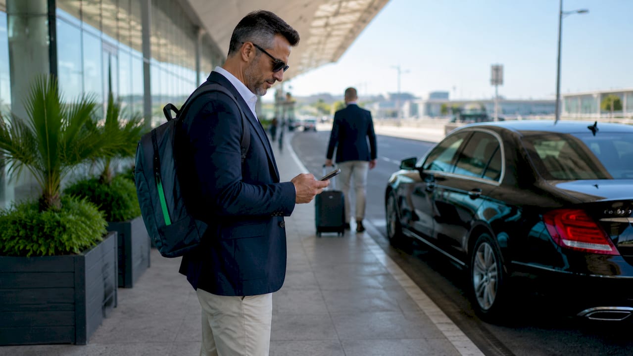 Traveler checking phone awaiting guaranteed airport pickup