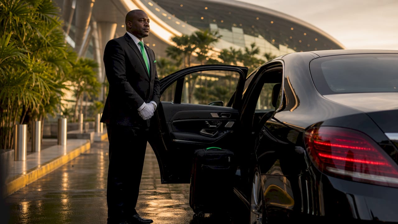Chauffeur opening car door at airport arrivals