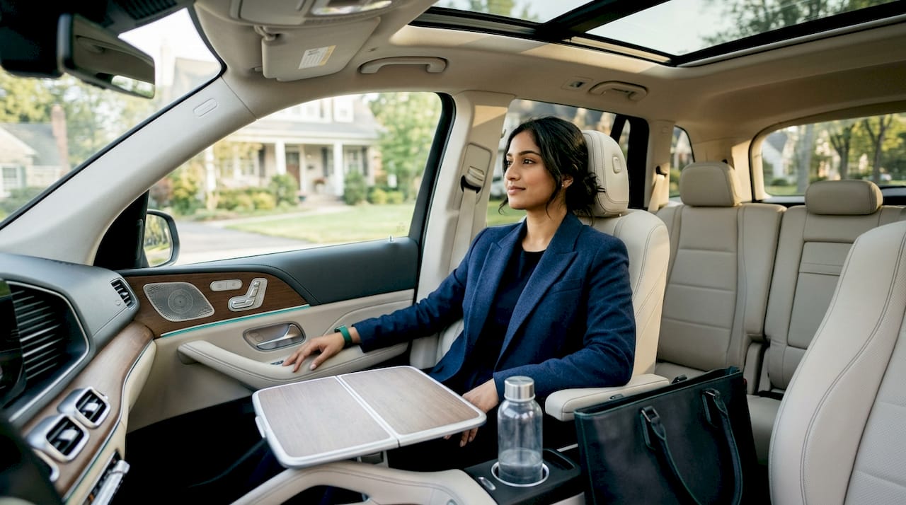 Businesswoman sitting inside luxury car interior