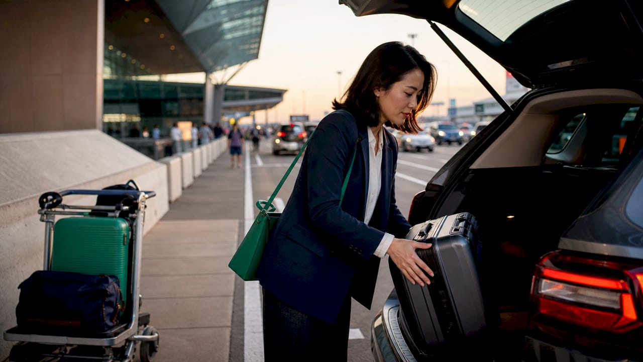 Woman loading suitcase into airport transfer vehicle