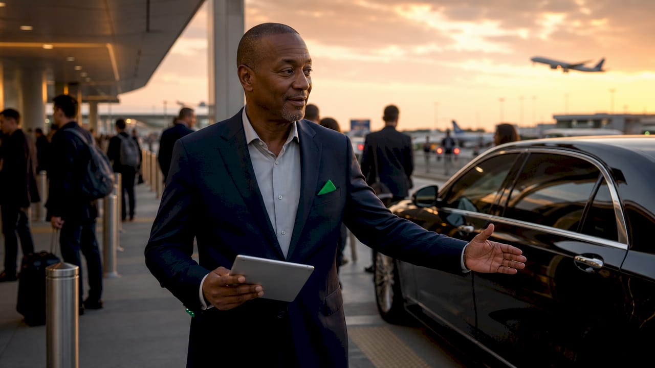 Airport concierge directing passenger to vehicle