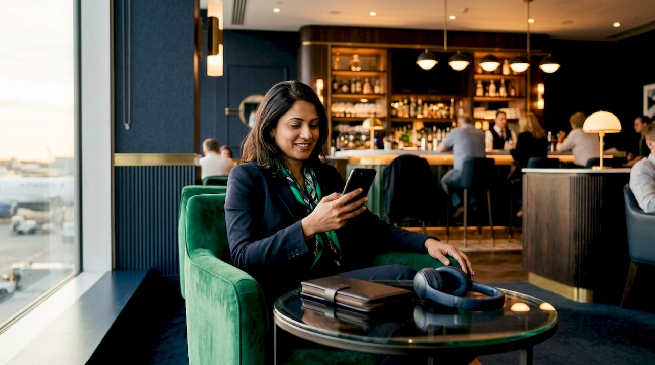 Traveler using smartphone in airport lounge