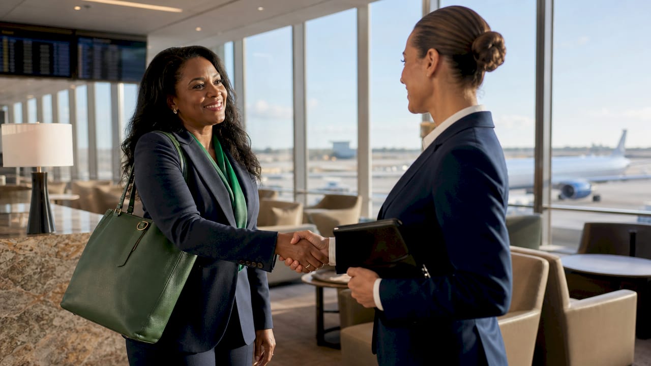 Executive meets professional airport greeter welcoming her