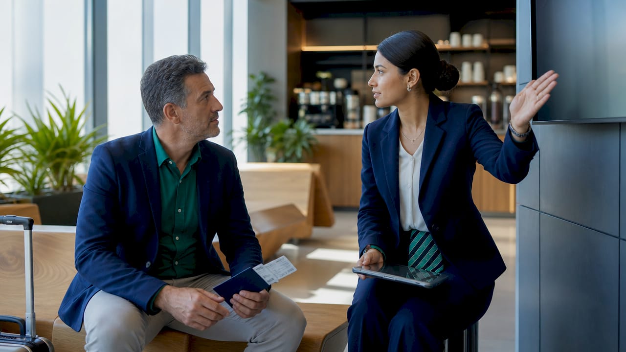Traveler consulting with airport agent in lounge