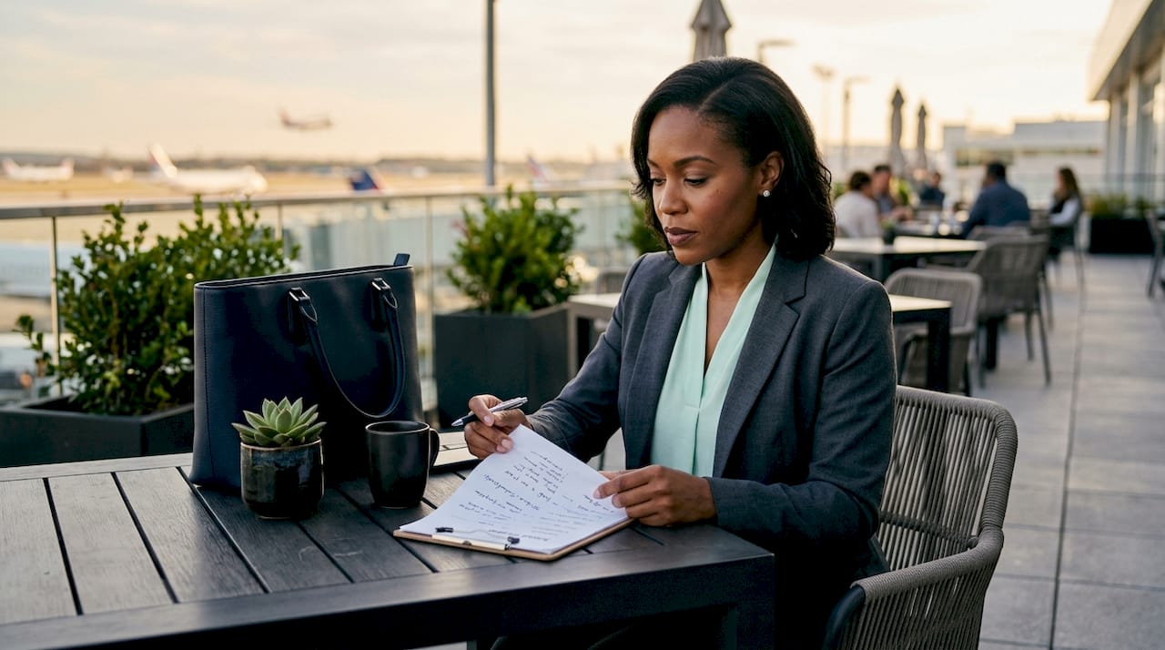 Executive assistant reviewing airport pickup details