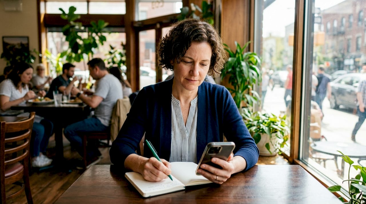 Woman managing flight plans with phone and notes