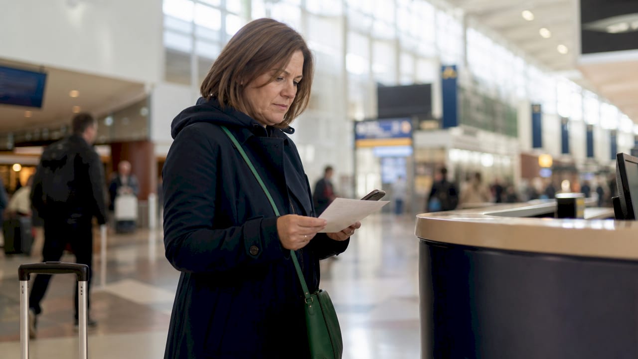Traveler checking transfer voucher at airport