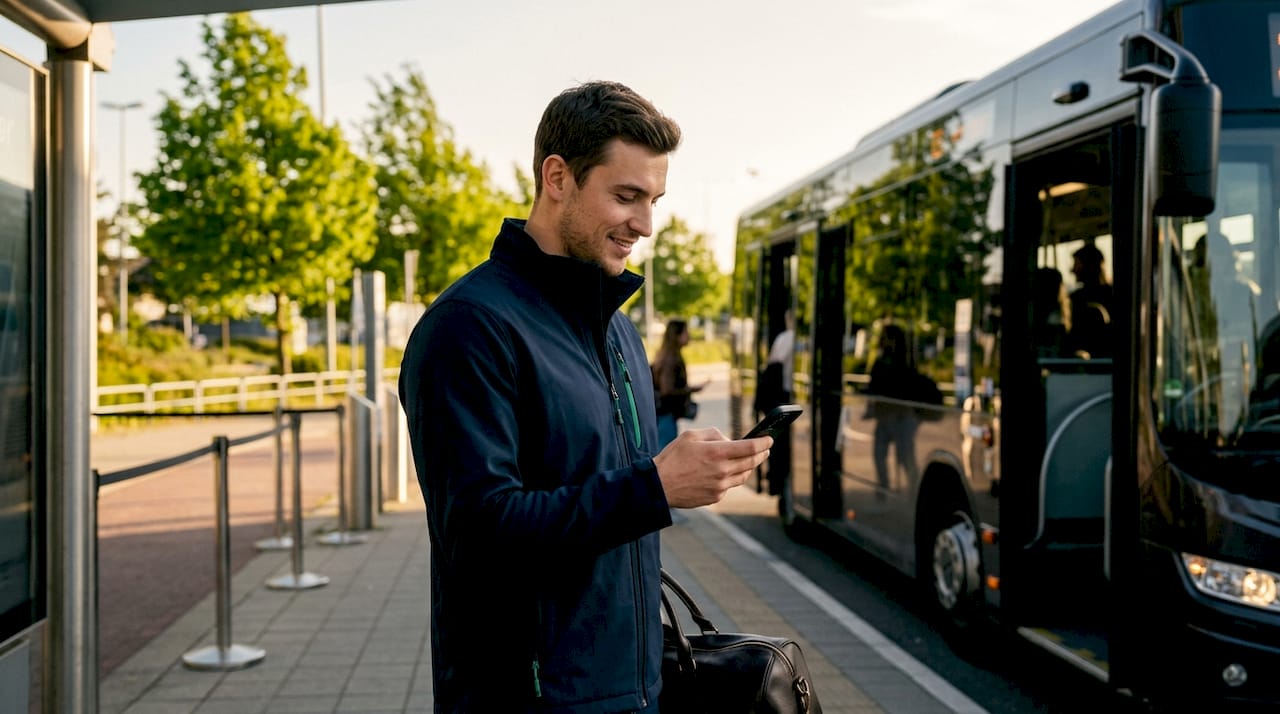 Hands holding digital transfer voucher outdoors