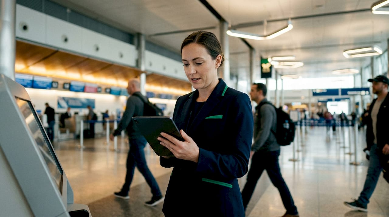 Airline manager coordinating flight transfers