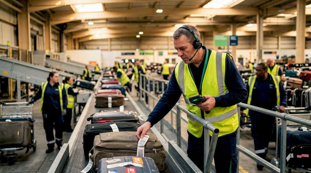 Ground staff managing flight transfer baggage