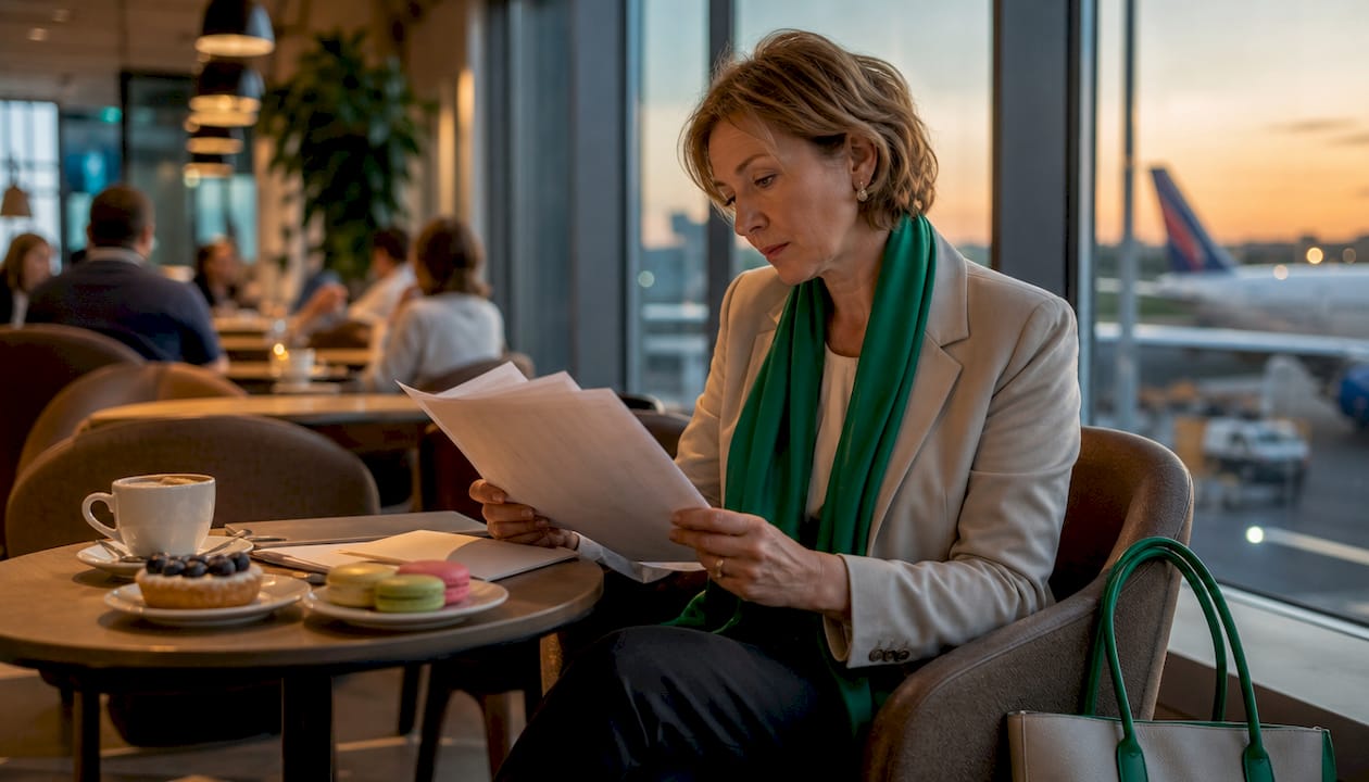 Traveler reviewing airport transfer insurance documents