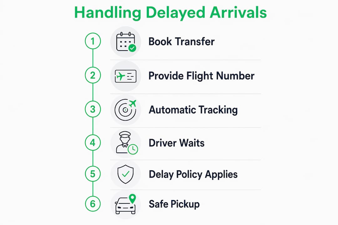 Infographic illustrating stepwise process for handling flight delays in transfers
