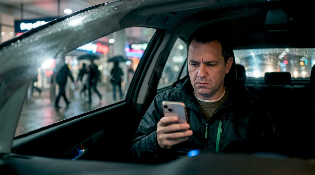 Rideshare driver checking phone near airport at night