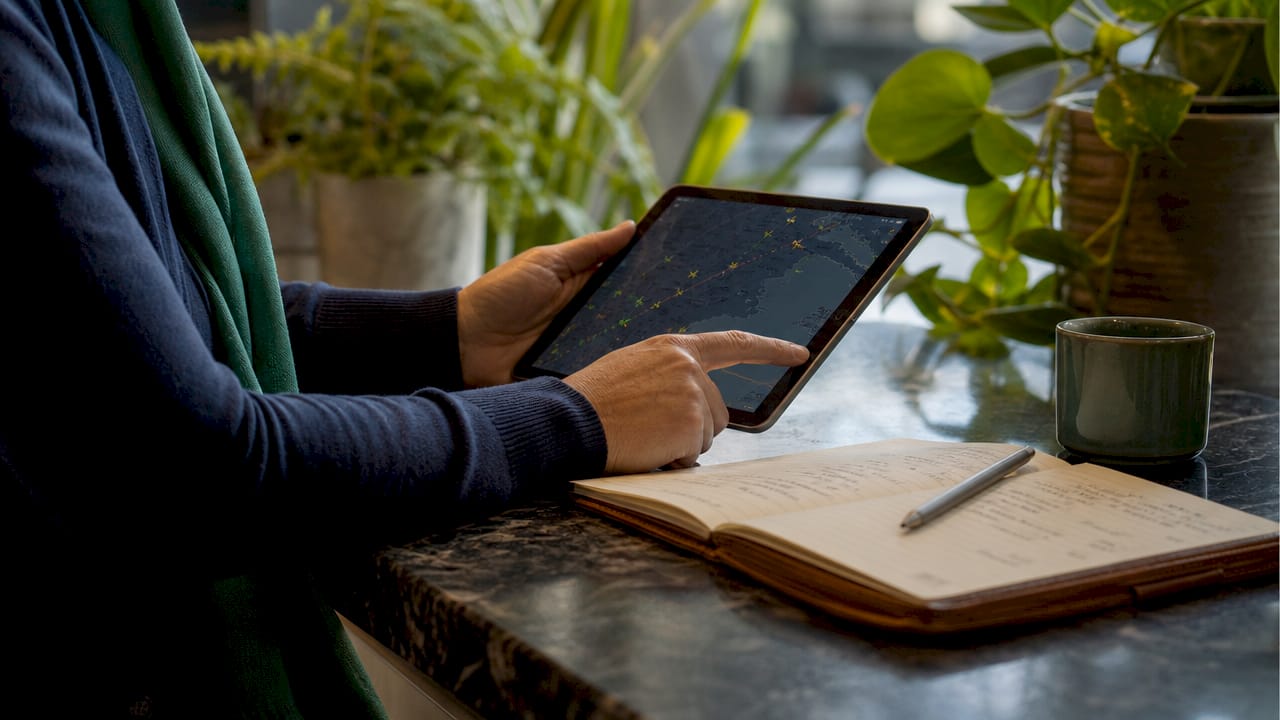 Hands holding tablet with flight tracking app overview