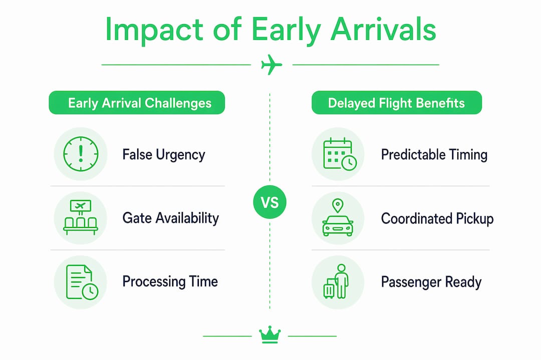Infographic comparing early arrival challenges and delayed flight benefits