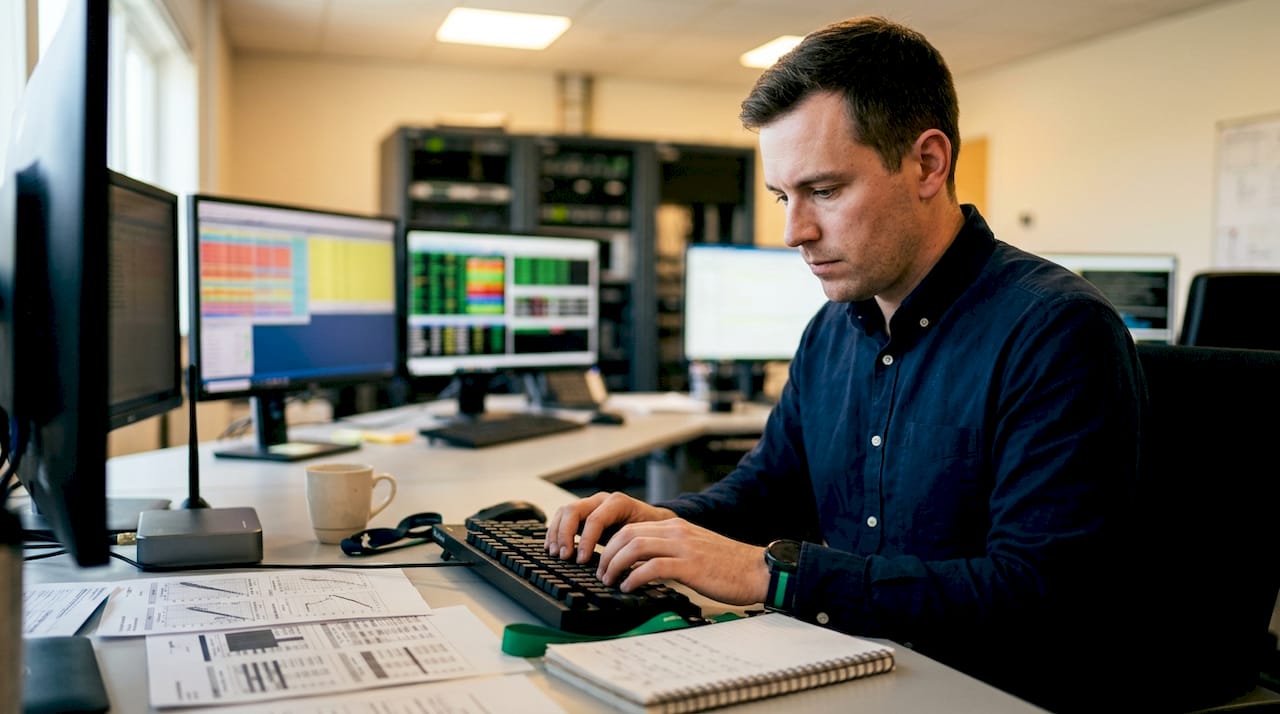Technician monitoring flight data in control room
