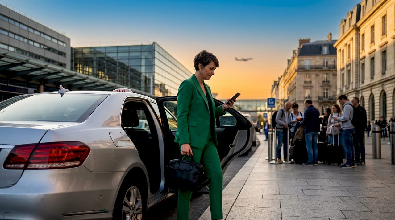 Economy sedan with passenger at Charles de Gaulle airport