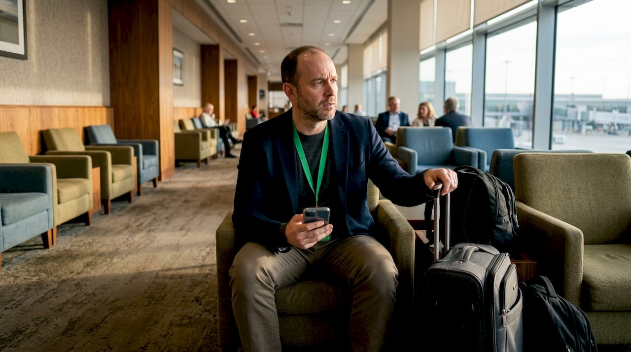 Anxious traveler waiting for airport transfer pickup