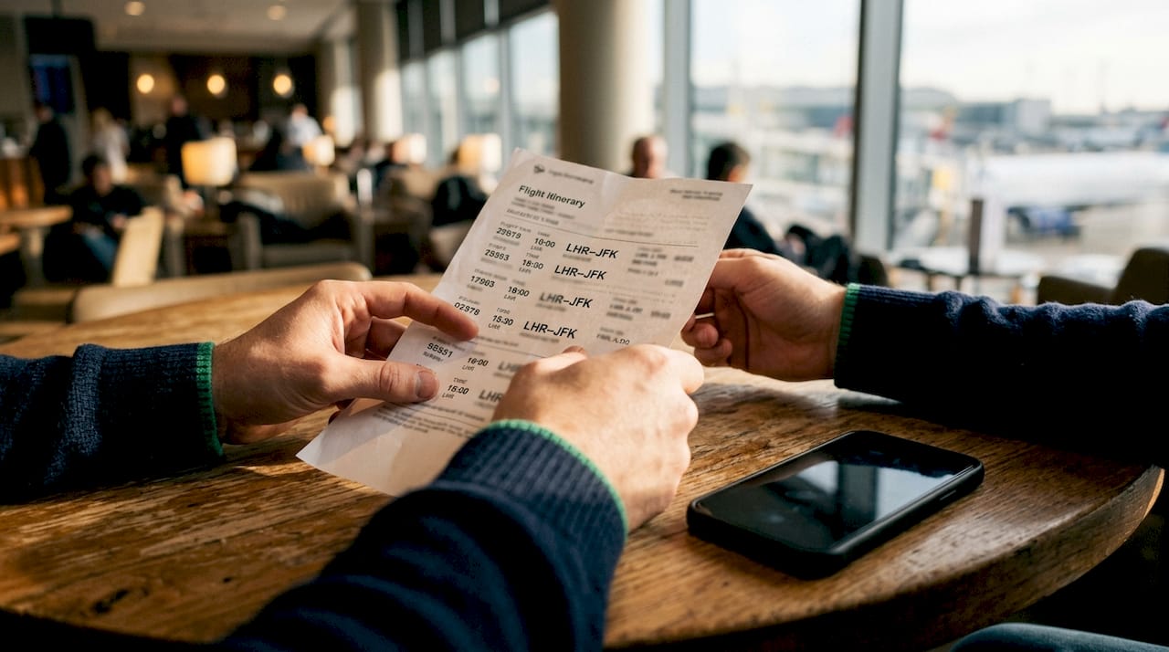 Hands holding flight itinerary and smartphone