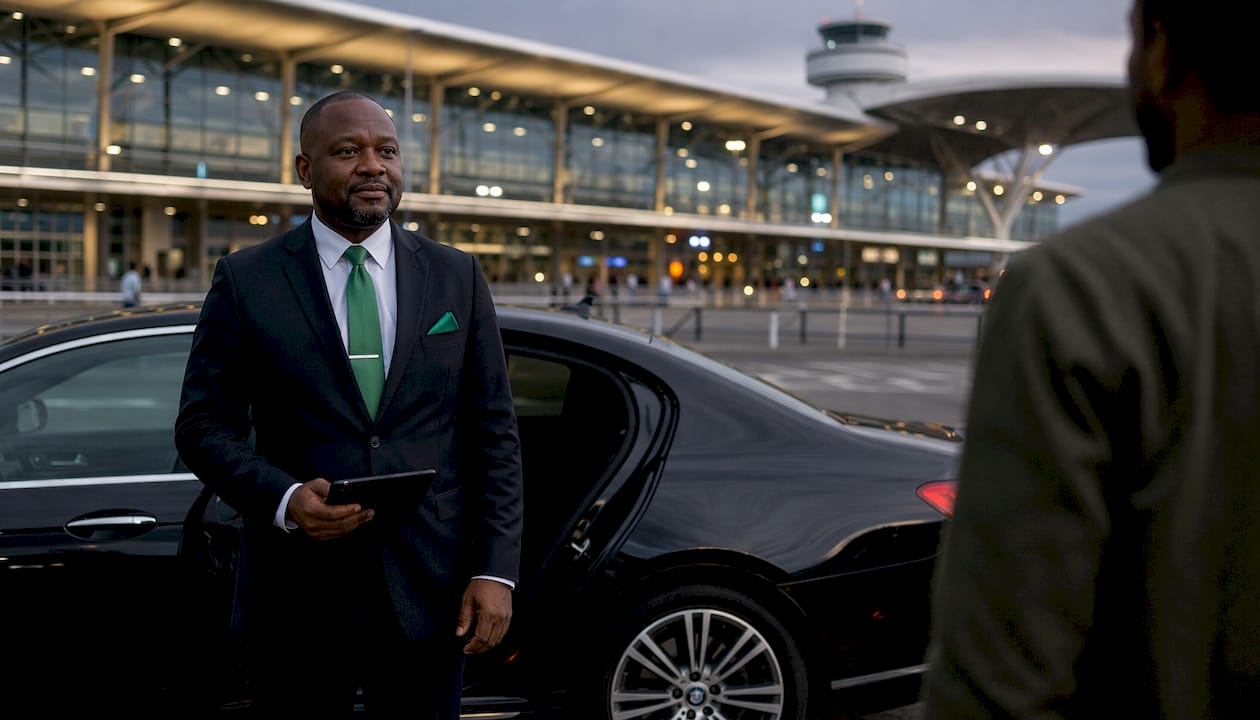 Professional chauffeur greeting traveler outside airport
